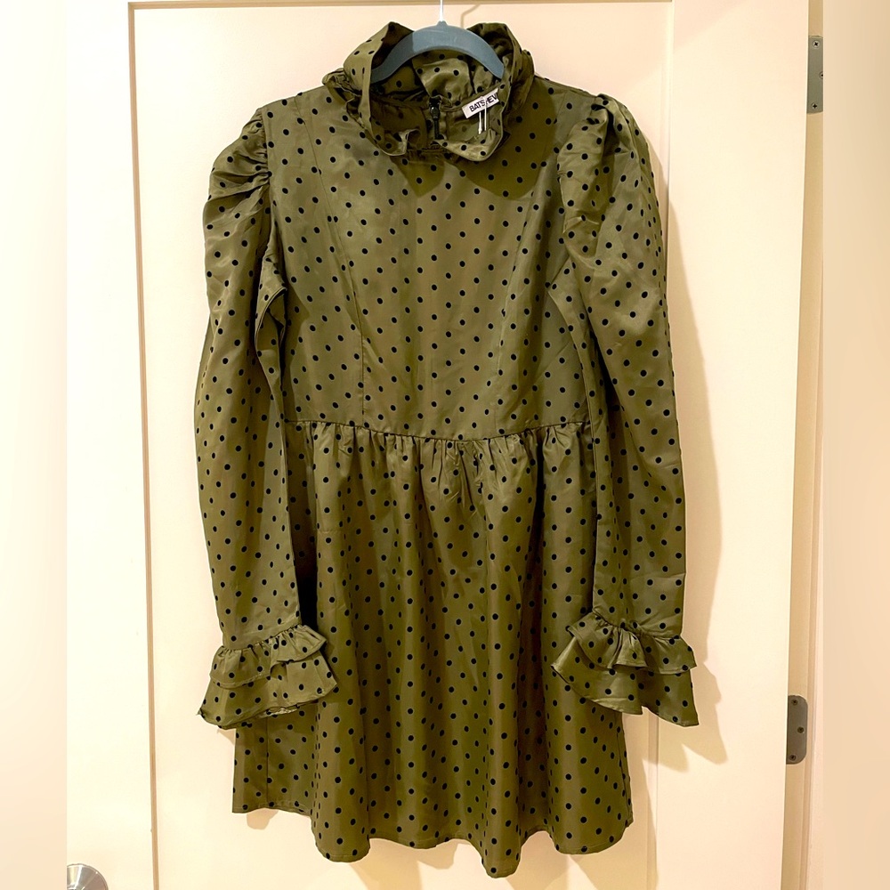 NWT Batsheva Mini Prairie Polka Dot Dress, Olive Green Polka Dot, 8